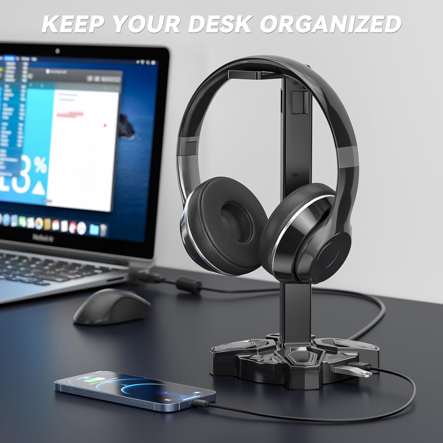 KDD Gaming RGB Headphones Stand, Rotatable Headset Stand with 9 Light Modes - Controller Holder with 2 USB Charging Ports and 3.5mm - Earphone Hanger Accessories for Desktop Gamer