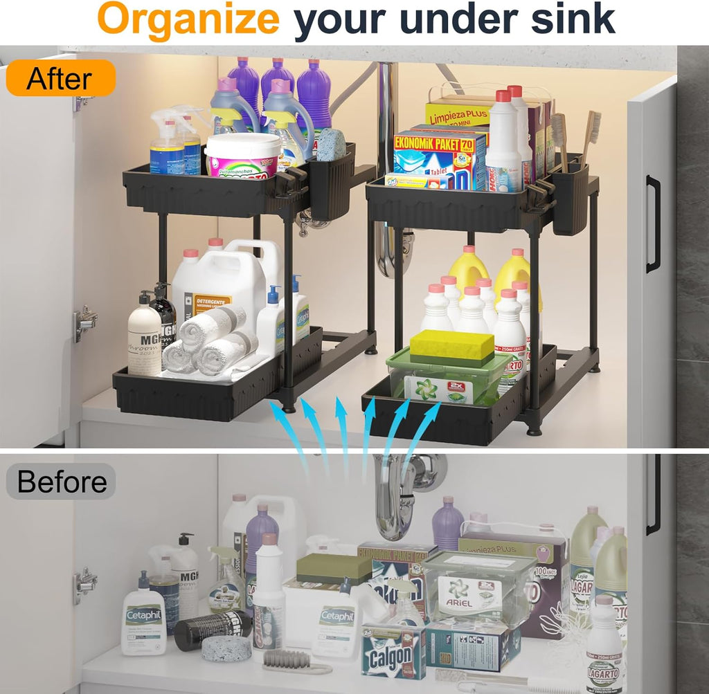 2 Pack Double Sliding Under Sink Organizers and Storage, 2 Tier Under Bathroom Cabinet Shelf Organizer with Hooks Hanging Cup, Home Organization, Black