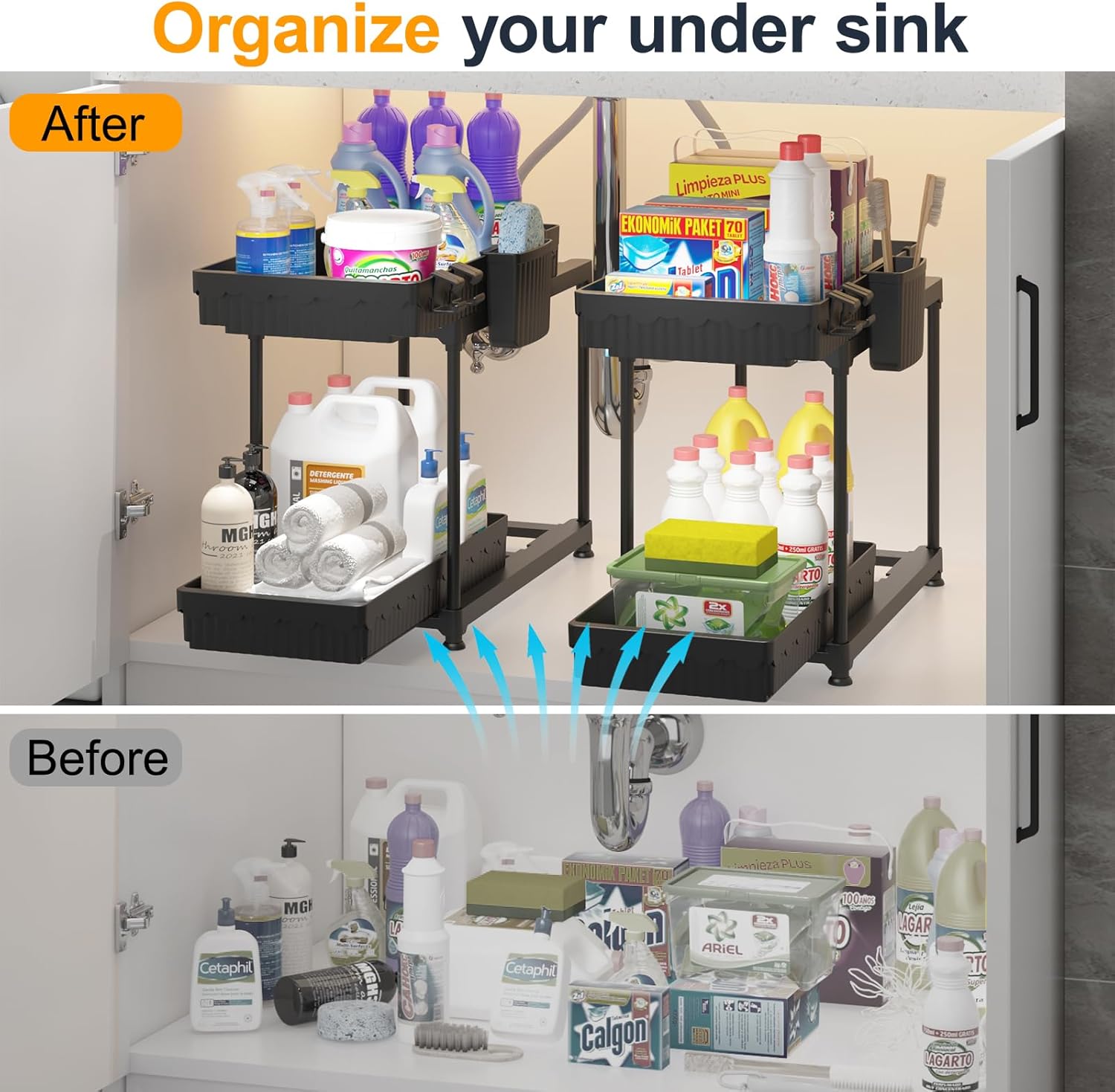 2 Pack Double Sliding Under Sink Organizers and Storage, 2 Tier Under Bathroom Cabinet Shelf Organizer with Hooks Hanging Cup, Home Organization, Black