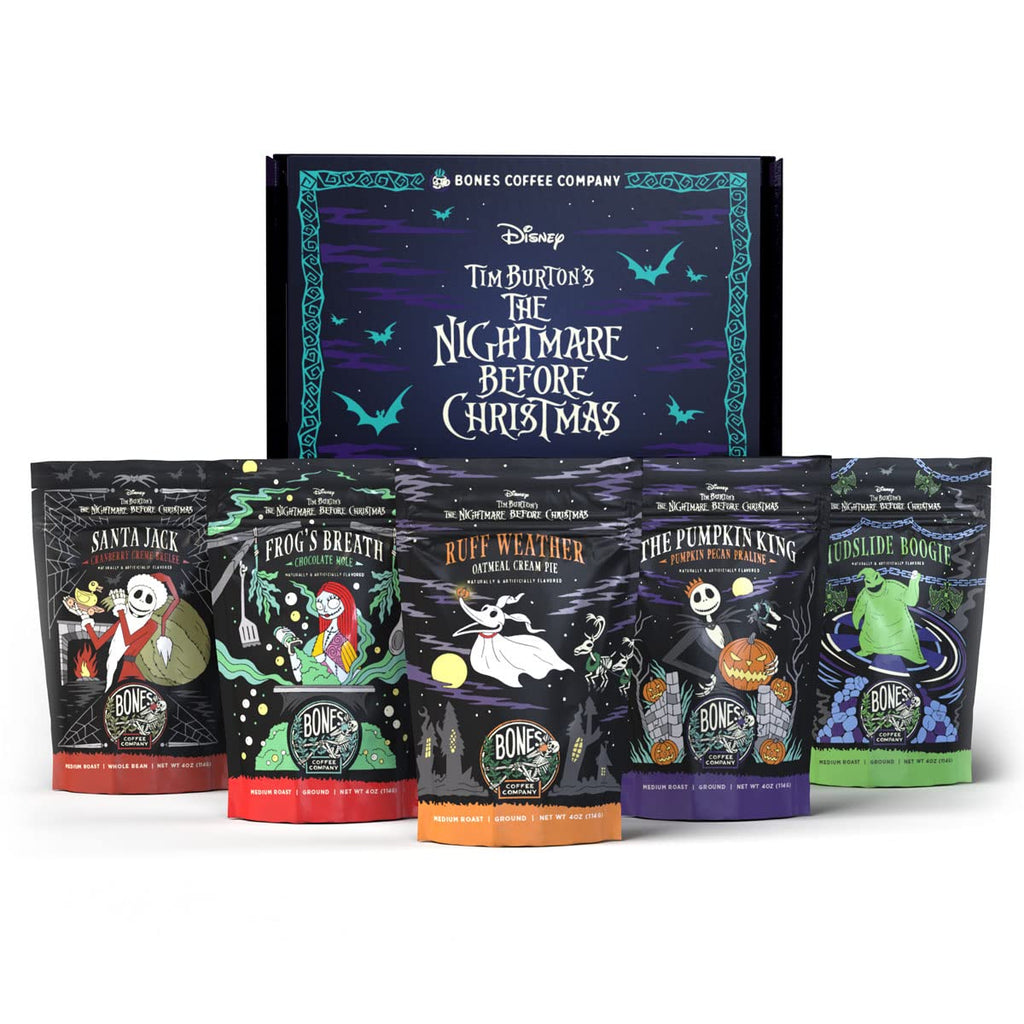 Bones Coffee Company NEW Favorite Flavors Sample Pack, Assorted Flavored Coffee Low Acid Medium Roast Arabica Beans Specialty Coffee Gifts, Auto Drip and French Press Compatible, 4 oz Pack of 5 Ground