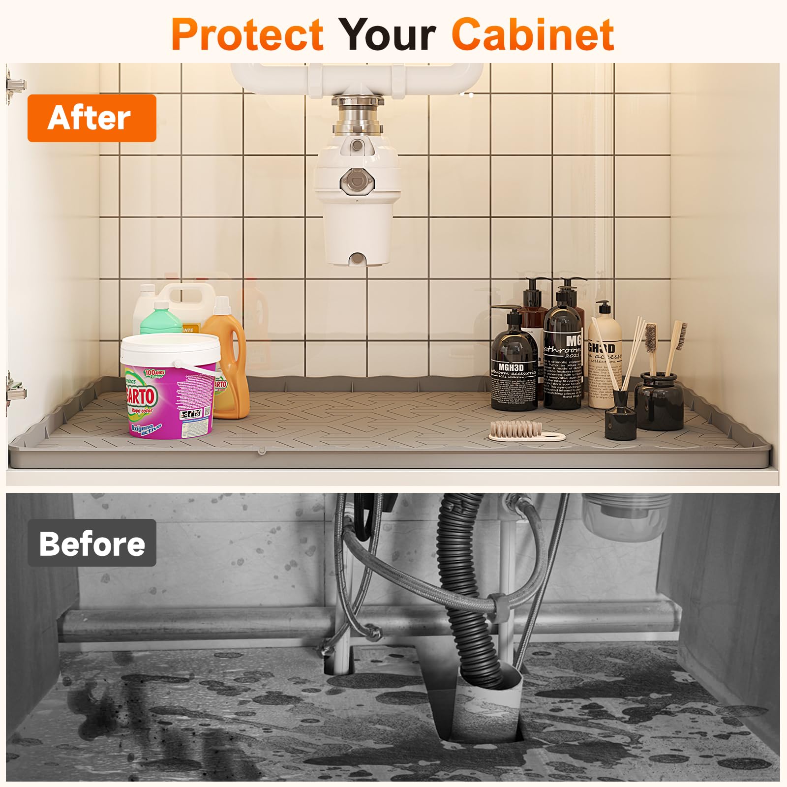 2025 Pro Sevenblue Waterproof Under Sink Mat, 22" x 19" Under Sink Liner and Protector for Bottom of Kitchen Sink, Bathroom Silicone Basin Undersink Mat Cabinet Shelf Drip Tray (Black, 22" L×19" W)