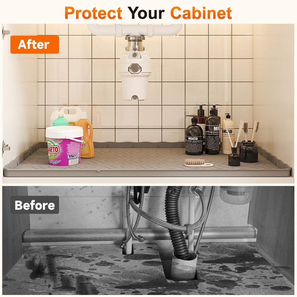 2025 Pro Sevenblue Waterproof Under Sink Mat, 22" x 19" Under Sink Liner and Protector for Bottom of Kitchen Sink, Bathroom Silicone Basin Undersink Mat Cabinet Shelf Drip Tray (Black, 22" L×19" W)
