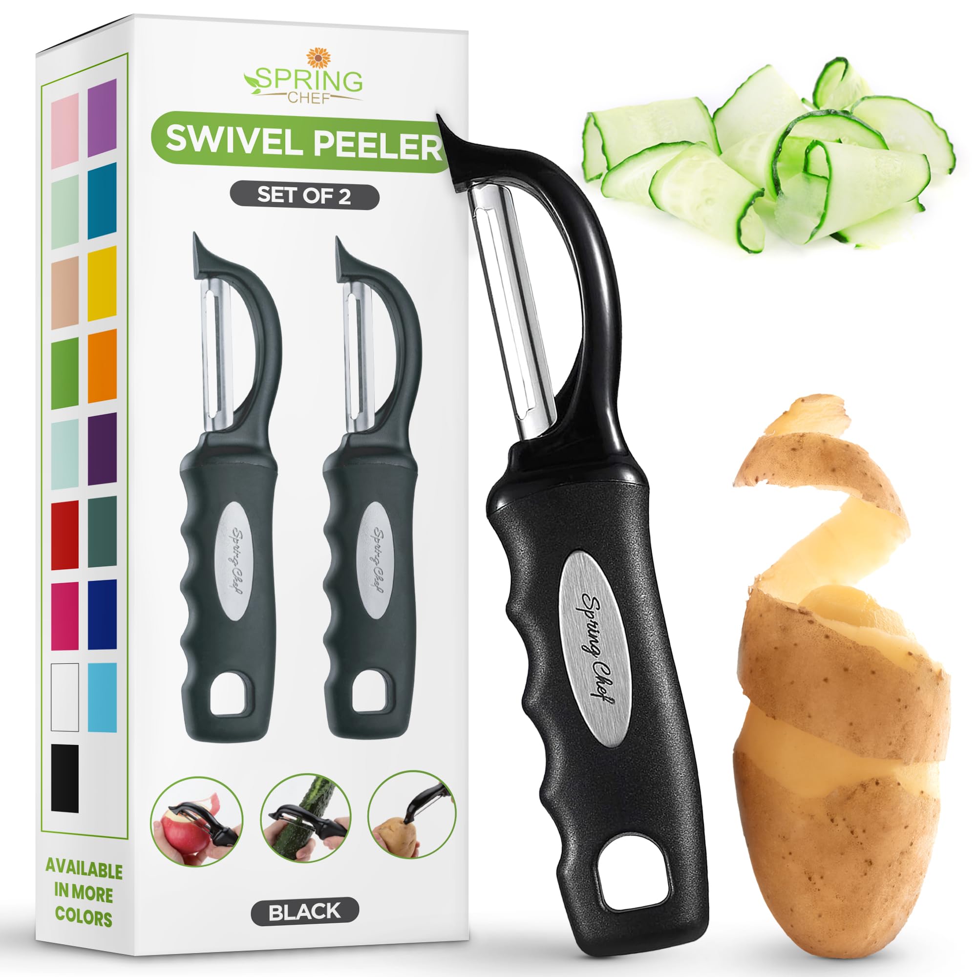 Spring Chef Premium Swivel Vegetable Peeler, Soft Grip Handle and Ultra Sharp Stainless Steel Blades - Perfect Kitchen Peeler For Veggie, Fruit, Potato, Carrot, Apple - Black