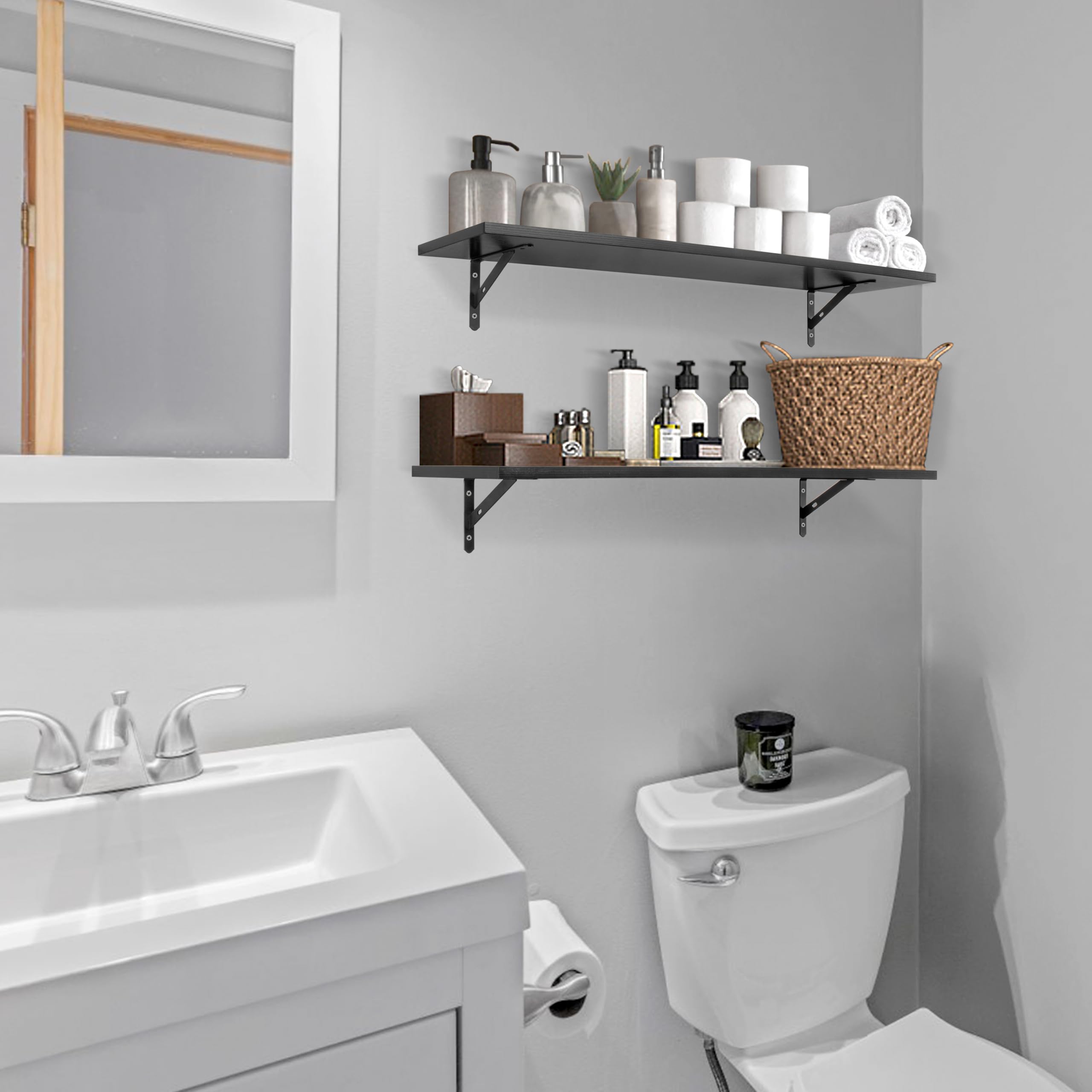 RedCall Floating Shelves for Wall,31.5 Inch Wall Mounted Shelves Set of 2,Long Board Shelves for Bedroom,Living Room, Bathroom & Kitchen Storage with Metal Brackets (Black)