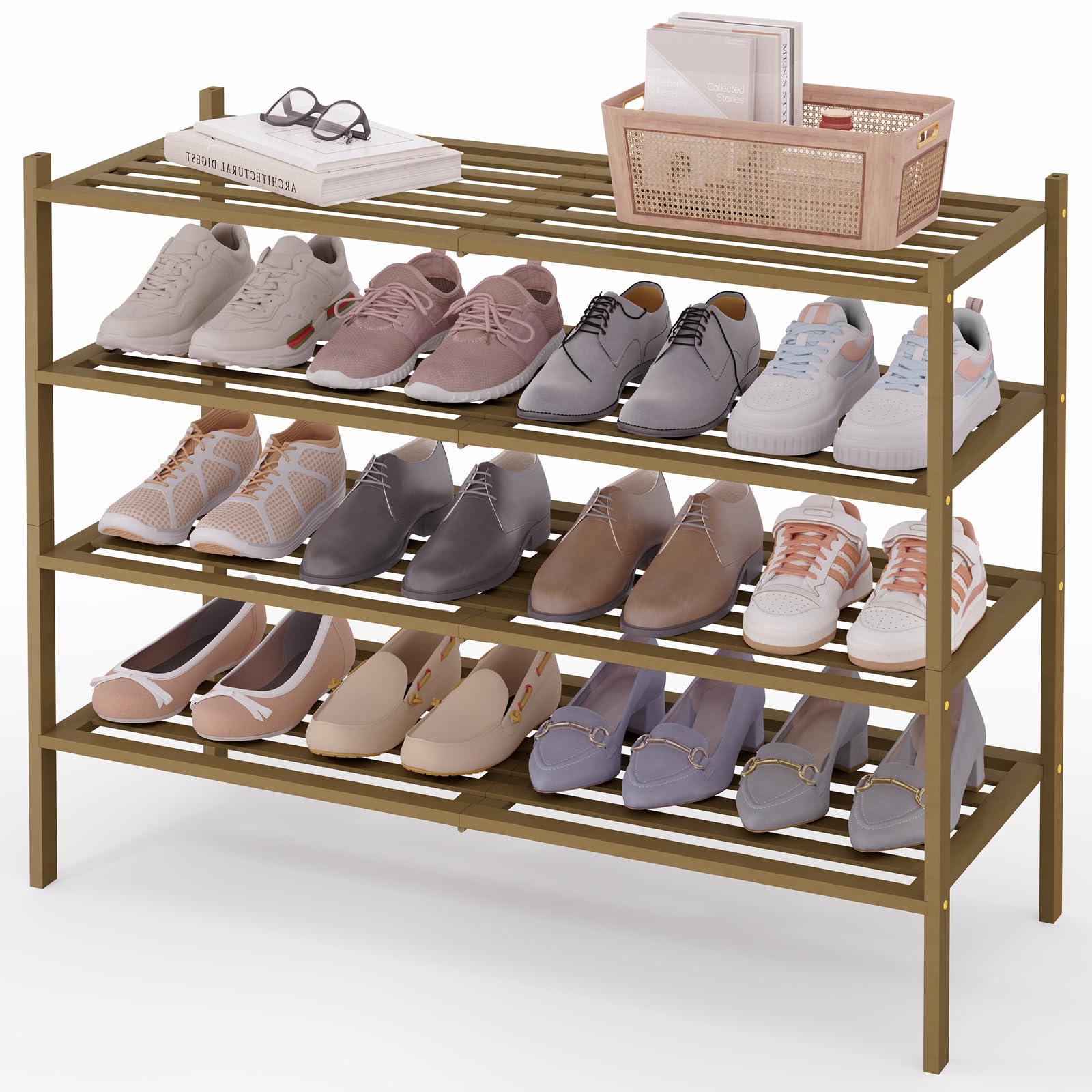 Smiry Bamboo Shoe Rack 3-Tier, Stackable Wooden Shoe Organizer for Entryway & Closet, Free Standing Wood Shoe Storage Shelf for Front Door & Small Spaces, Natural