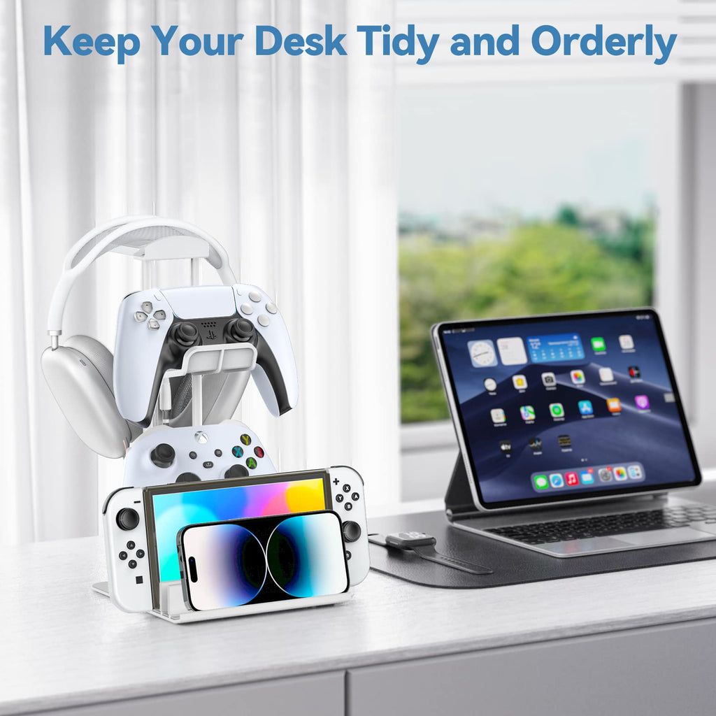 KDD Headphone Stand, Controller Holder & Headset Holder for Desk, Earphone Stand with Aluminum Supporting Bar, Universal Storage Organizer Headphones/Controller/Switch/Mobile Phone