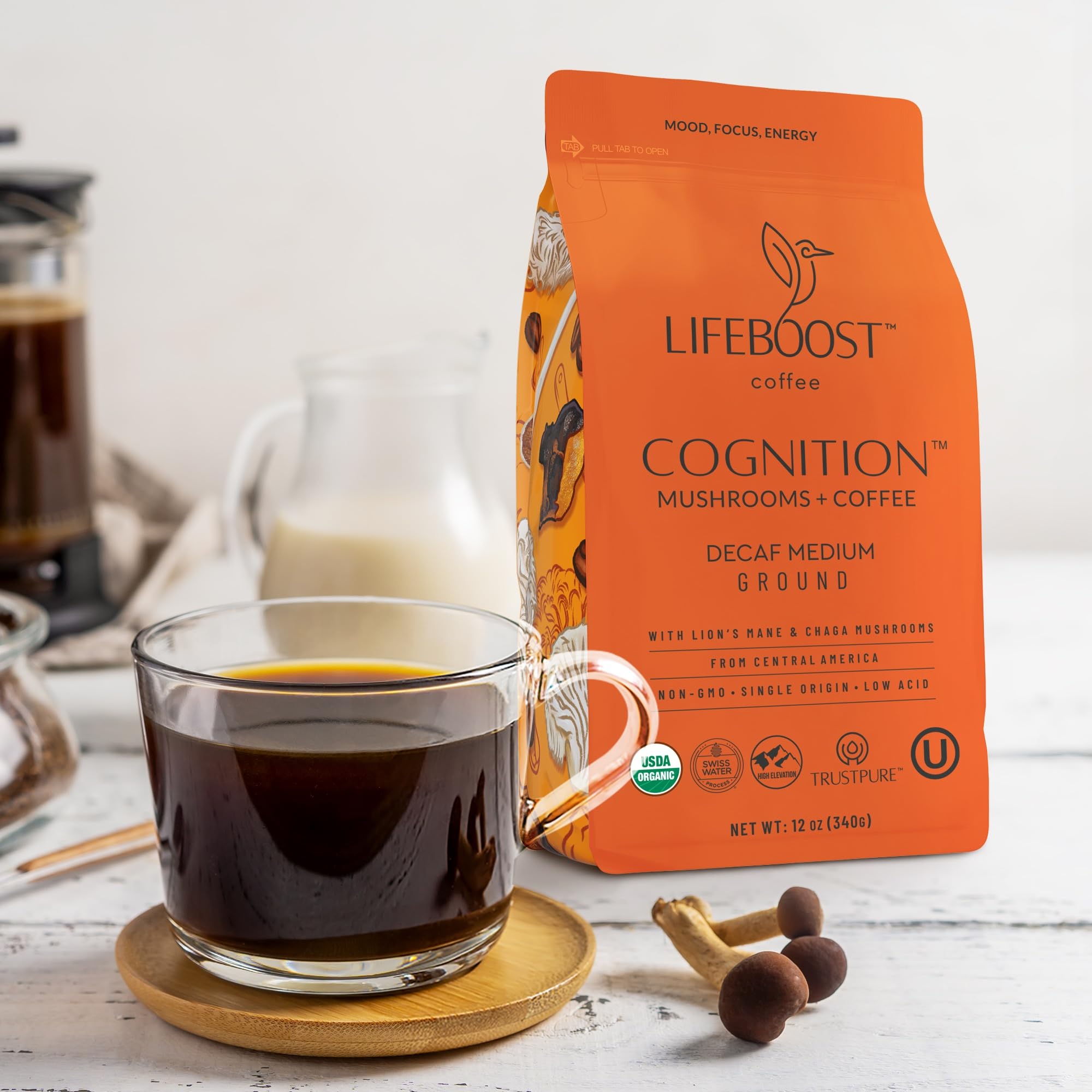 Lifeboost Cognition Adaptogenic Mushroom Coffee - Great Tasting Organic Lions Mane & Chaga Medium Roast Nootropic Coffee - Increase Energy, Boost Focus & Immune Support - 12 oz Bag - Ground