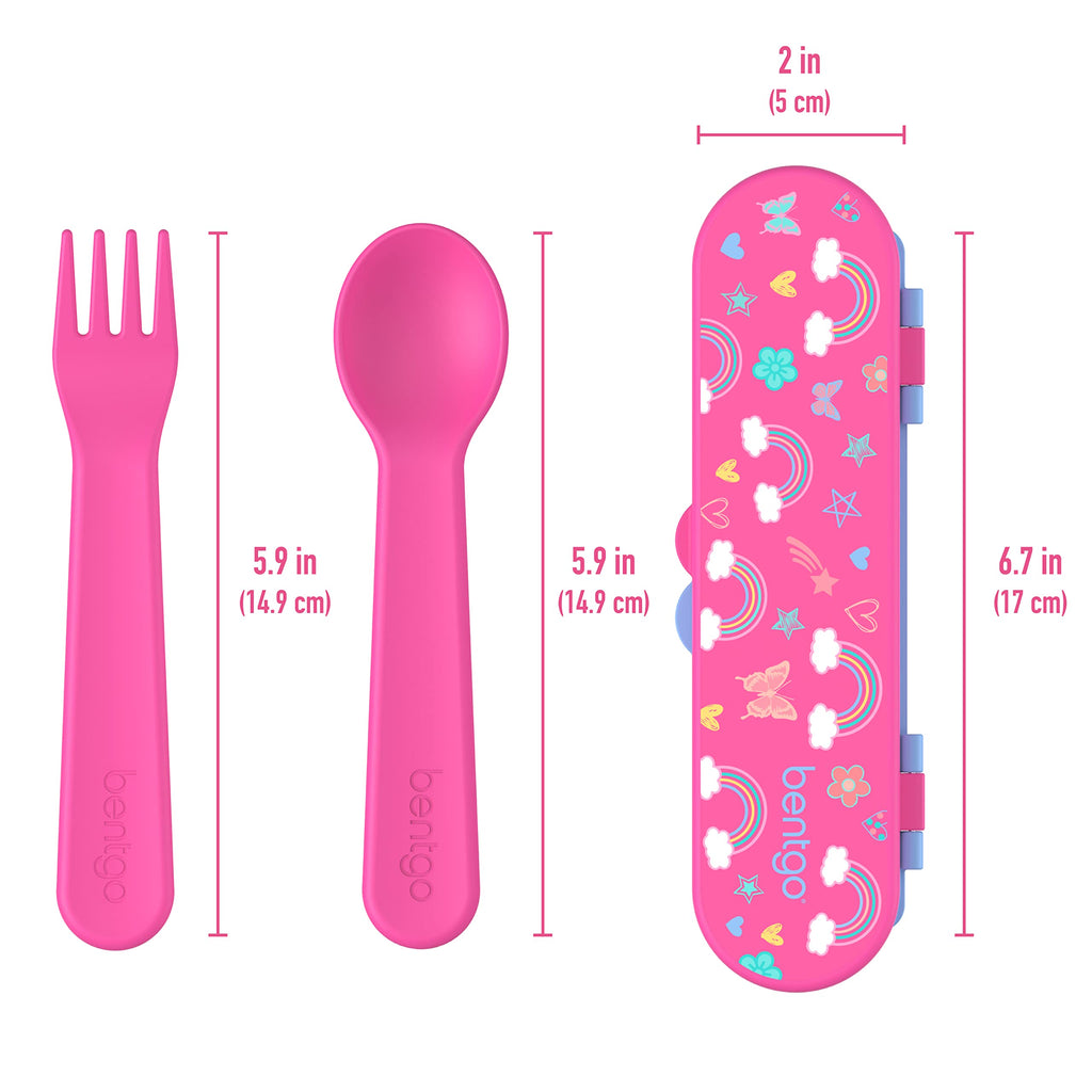 Bentgo Kids Utensil Set - Reusable Plastic Fork, Spoon & Storage Case BPA-Free Materials, Easy-Grip Handles, Dishwasher Safe Ideal for School Lunch, Travel, Outdoors (Rainbows and Butterflies)