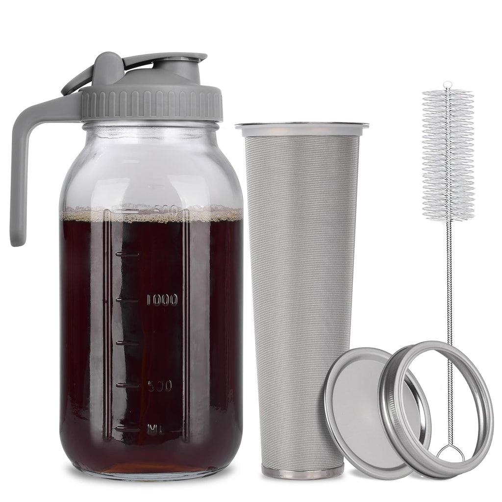Cold Brew Mason Jar iced Coffee Maker, Durable Glass, - 64 oz (2 Quart / 1.9 Liter), With Handle& Stainless Steel Filter for Iced Brew Coffee, Lemonade, Ice Tea, Homemade Fruit Drinks Container