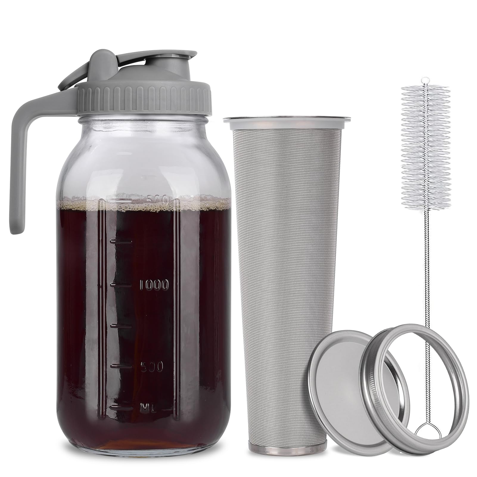 Cold Brew Mason Jar iced Coffee Maker, Durable Glass, - 64 oz (2 Quart / 1.9 Liter), With Handle& Stainless Steel Filter for Iced Brew Coffee, Lemonade, Ice Tea, Homemade Fruit Drinks Container
