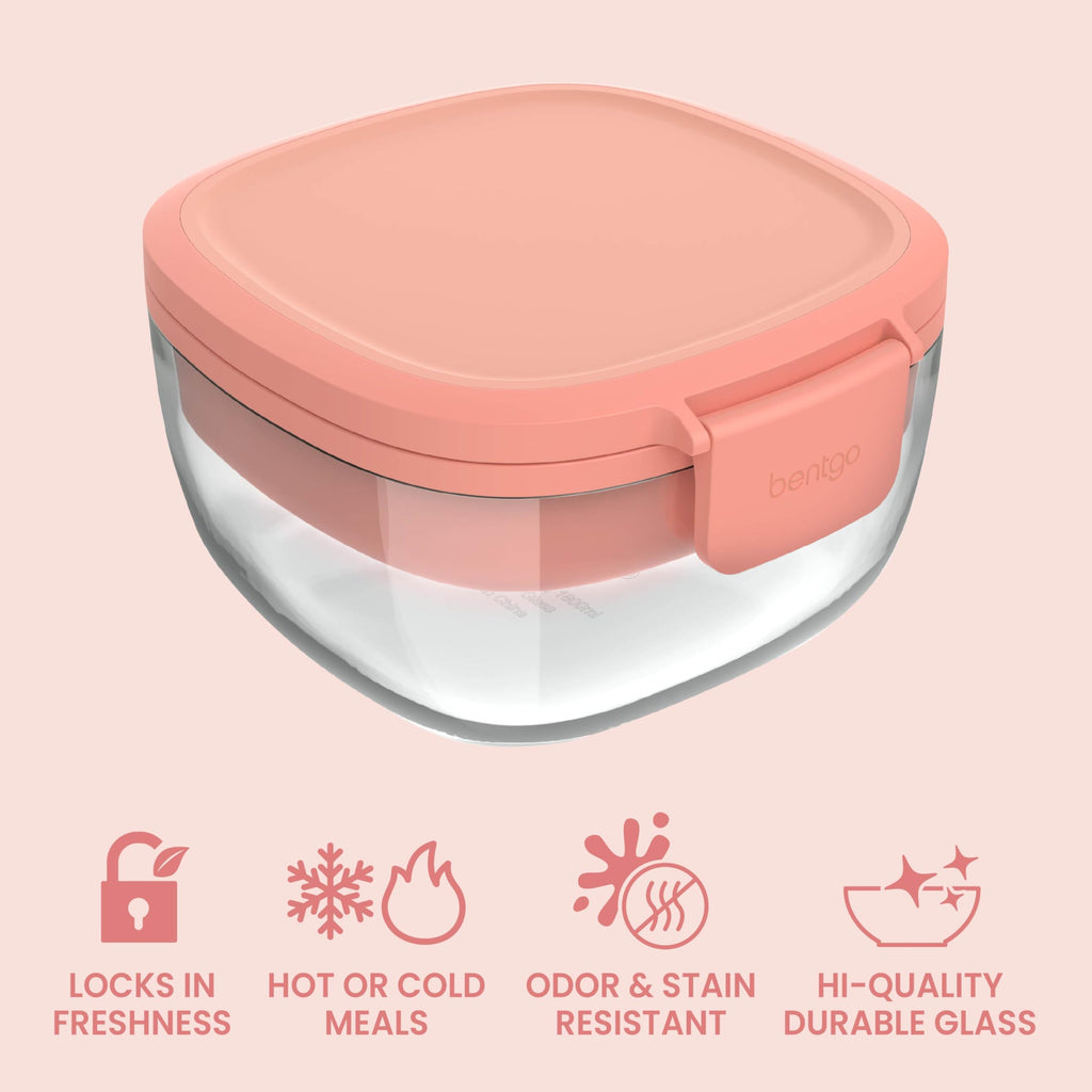 Bentgo Glass Salad Container - 7.6-Cup Salad Bowl with Airtight Lid, Leak-Proof Sauce Container, 4-Compartment Bento Tray & Reusable Fork - BPA-Free for Meal Prep, Office & More (Lavender)