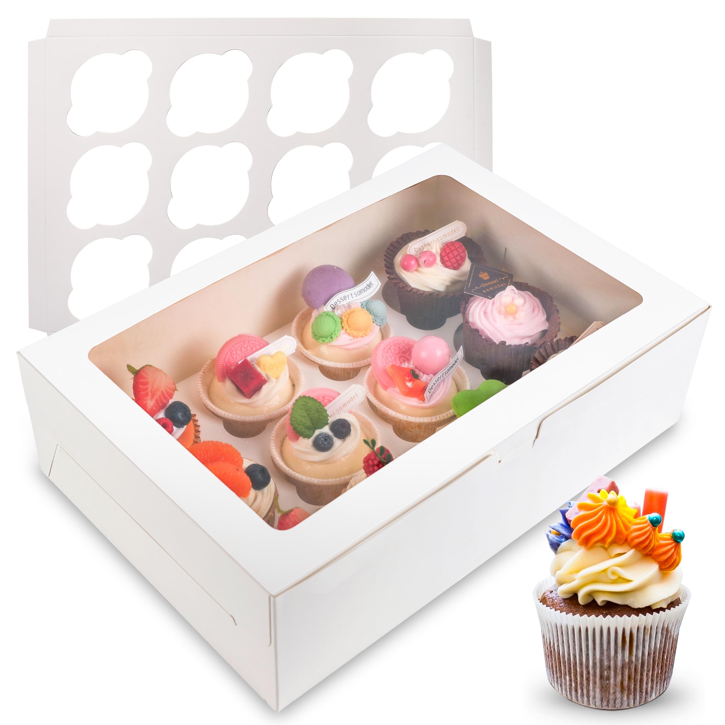 6 Pack Cupcake Boxes, 12 Count Cupcake Containers with Window and Cardborad, Food Grade Cupcake Carrier For Muffins Cupcakes Desserts (White 13.8×9.5×4 In)