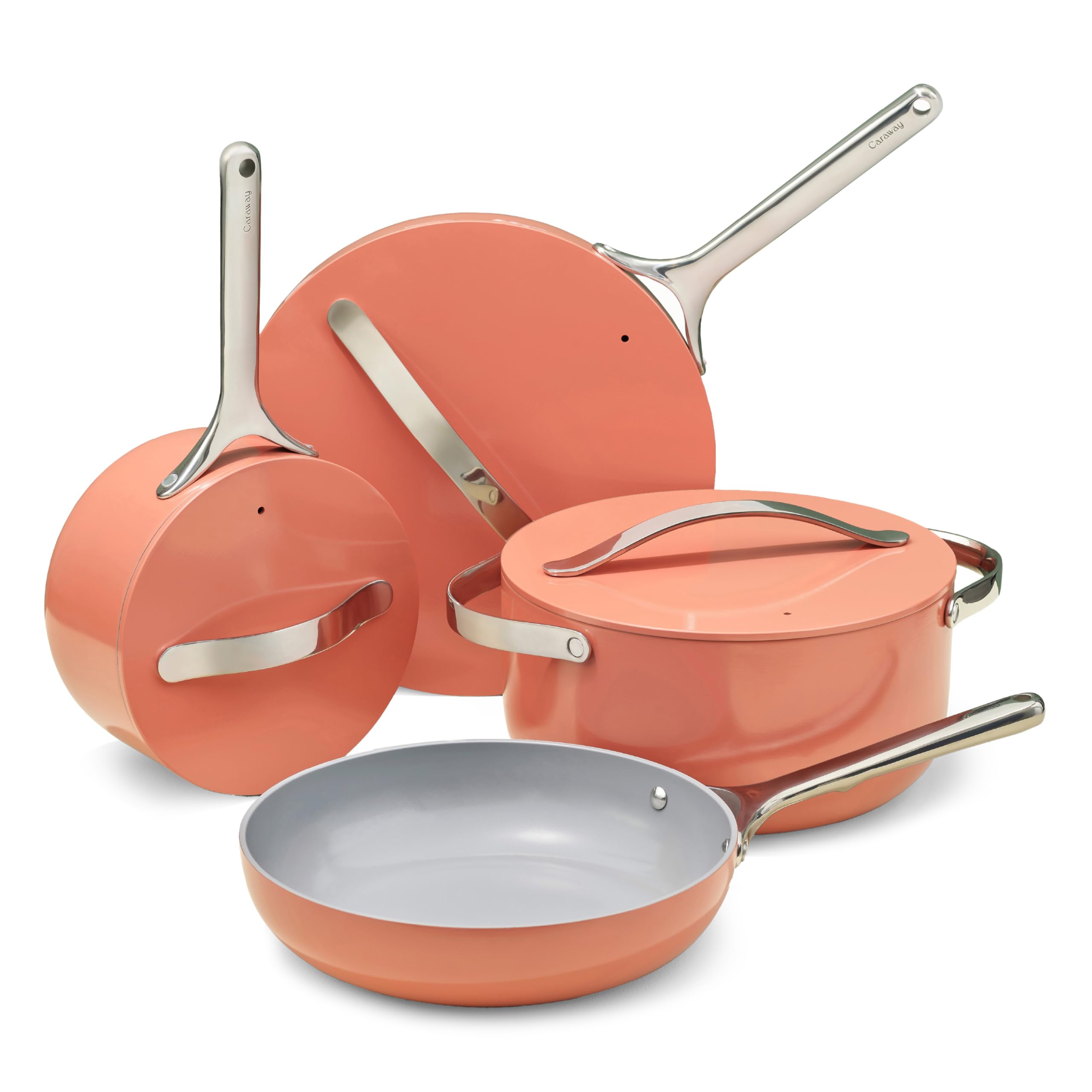 Caraway Non-stick Ceramic Cookware Set (12 Piece) Pots, Pans, Lids and Kitchen Storage - PFAS & PFOA Free - Oven Safe Pan Set & Compatible with All Stovetops - Cream