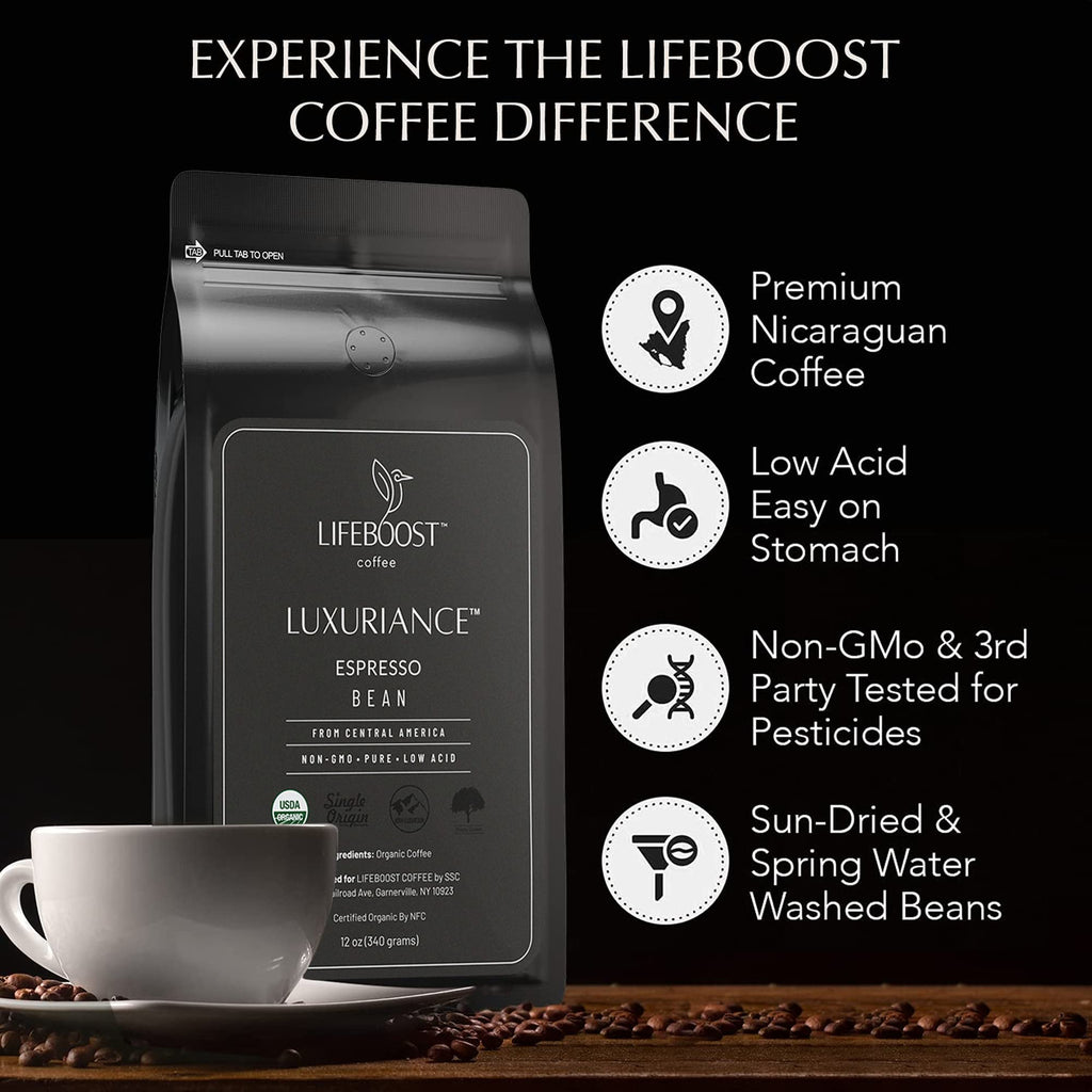 Lifeboost Organic Espresso Whole Bean Coffee - Low Acid Espresso Coffee, Non-GMO, USDA Organic, Single Origin, Third-Party Tested for Mycotoxins & Pesticides - 12 oz Bag