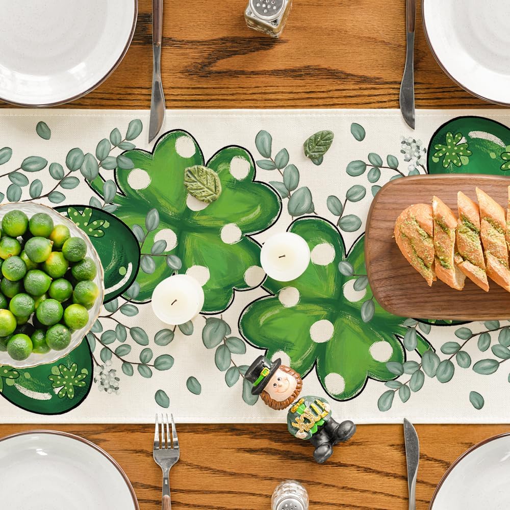 Artoid Mode Shamrock Eucalyptus Heart St. Patrick's Day Table Runner,Seasonal Spring Kitchen Dining Table Decoration for Home Party Decor 13 x 72 Inch