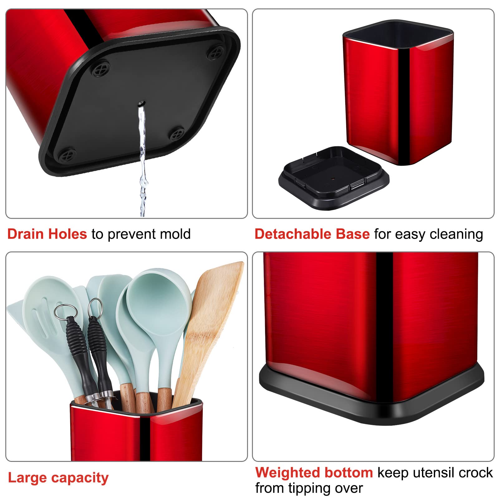RedCall Stainless Steel Kitchen Utensil Holder for Countertop, Spoon Spatula Organizer,Modern Rectangular Large Cooking Utensil Caddy Counter,Utensil Crock Silver
