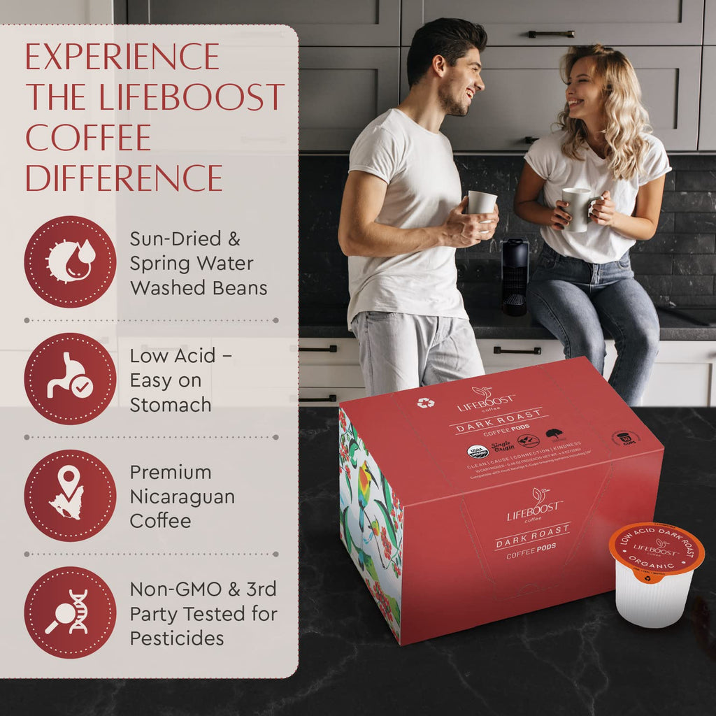 Lifeboost Medium Roast Low Acid Coffee K Cups - Single Origin Mold Free Non-GMO Organic Coffee Pods - Compatible with Keurig & Keurig 2 Machines - 10 Count