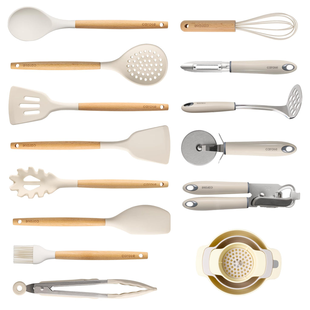 CAROTE Silicone Cooking Utensils Set for Nonstick Cookware, 446°F Heat Resistant Kitchen Utensil Set with Wooden Handle 10pcs, Spatula, Turner, Spoon, Tongs, Whisk