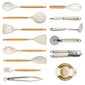 CAROTE Silicone Cooking Utensils Set for Nonstick Cookware, 446°F Heat Resistant Kitchen Utensil Set with Wooden Handle 10pcs, Spatula, Turner, Spoon, Tongs, Whisk