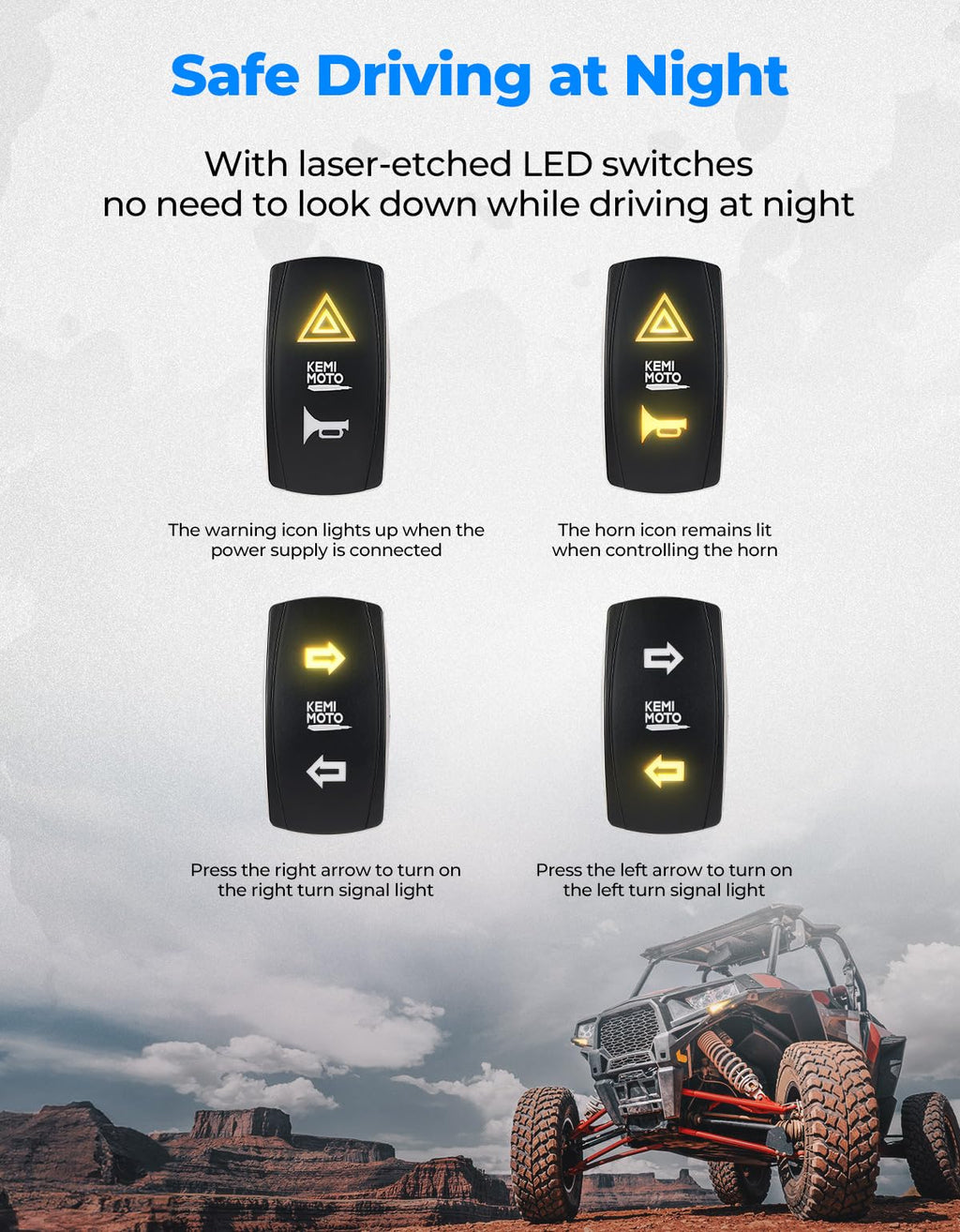 KEMIMOTO UTV Turn Signal Kit with 110D Horn, Pre-Wired, Plug and Play UTV ATV Blinker with Rocker Switch, Triangle Universal Street Legal Turn Signals Compatible with Polaris, Can-Am, Teryx, CFMOTO