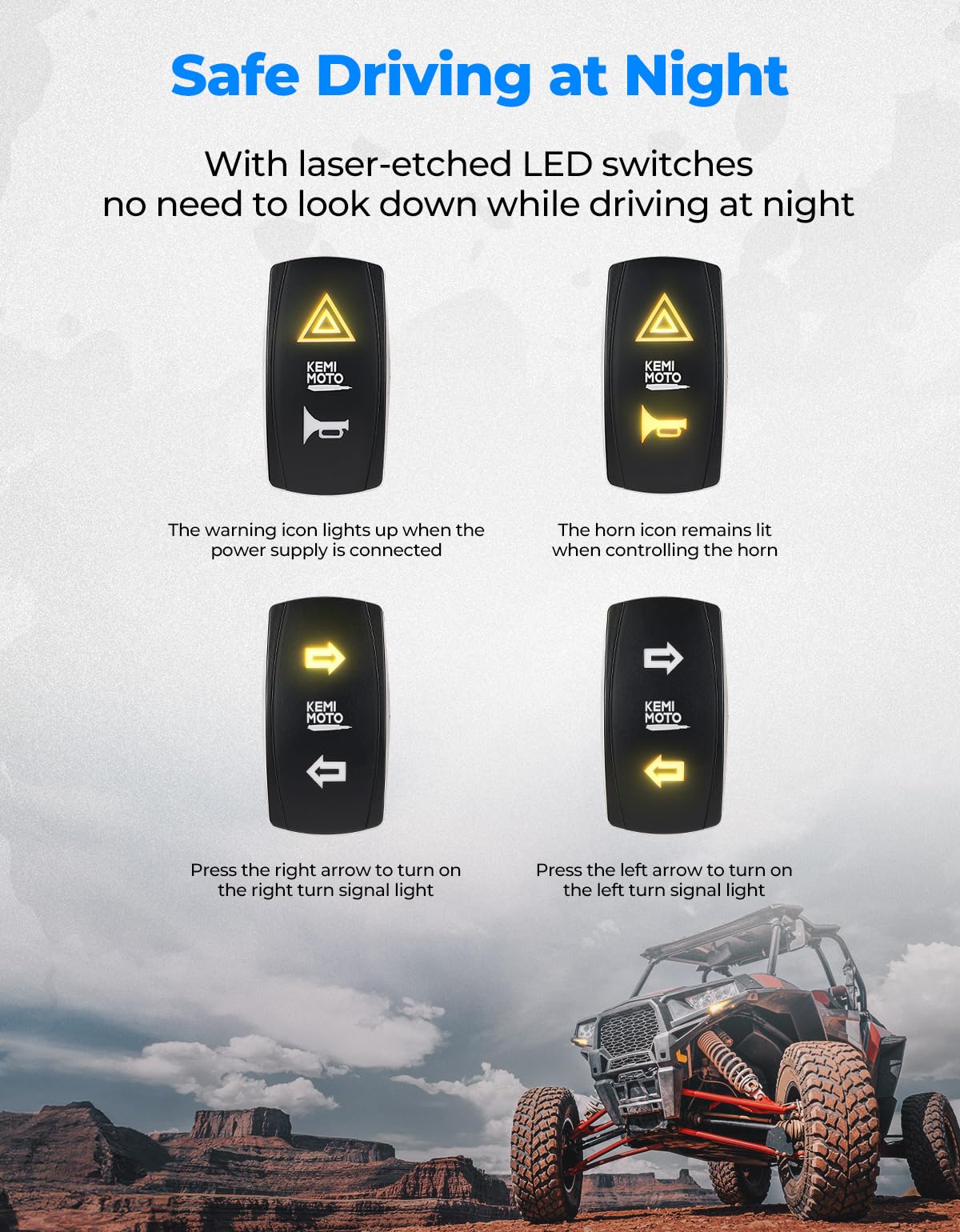 KEMIMOTO UTV Turn Signal Kit with 110D Horn, Pre-Wired, Plug and Play UTV ATV Blinker with Rocker Switch, Triangle Universal Street Legal Turn Signals Compatible with Polaris, Can-Am, Teryx, CFMOTO
