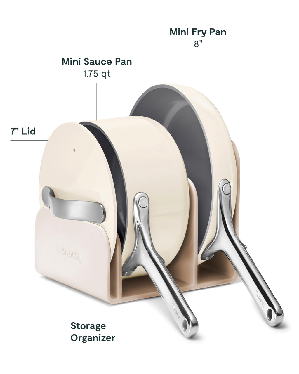 Caraway Mini Cookware Set - Non-Stick Ceramic Fry Pan (1.05 qt, 8") Sauce Pan (1.75 qt) & Storage Rack - Non Toxic, PTFE & PFOA Free - Oven Safe & Stovetop Agnostic (Gas, Electric & Induction) - Cream