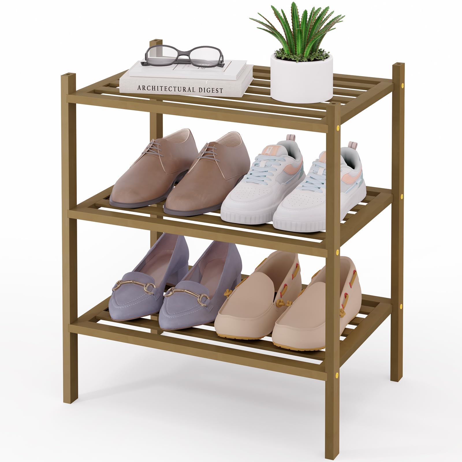 Smiry Bamboo Shoe Rack 3-Tier, Stackable Wooden Shoe Organizer for Entryway & Closet, Free Standing Wood Shoe Storage Shelf for Front Door & Small Spaces, Natural