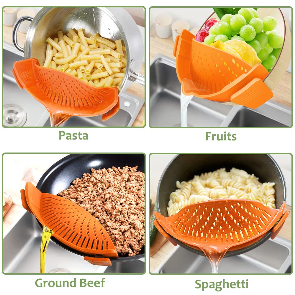YEVIOR Clip on Strainer for Pots Pan Pasta,Silicone Food Pan Strainer | Food-grade BPA-free,Kitchen Food Strainer for Spaghetti, Pasta,Vegetable Fruits Fits All Bowls and Pots (Green)