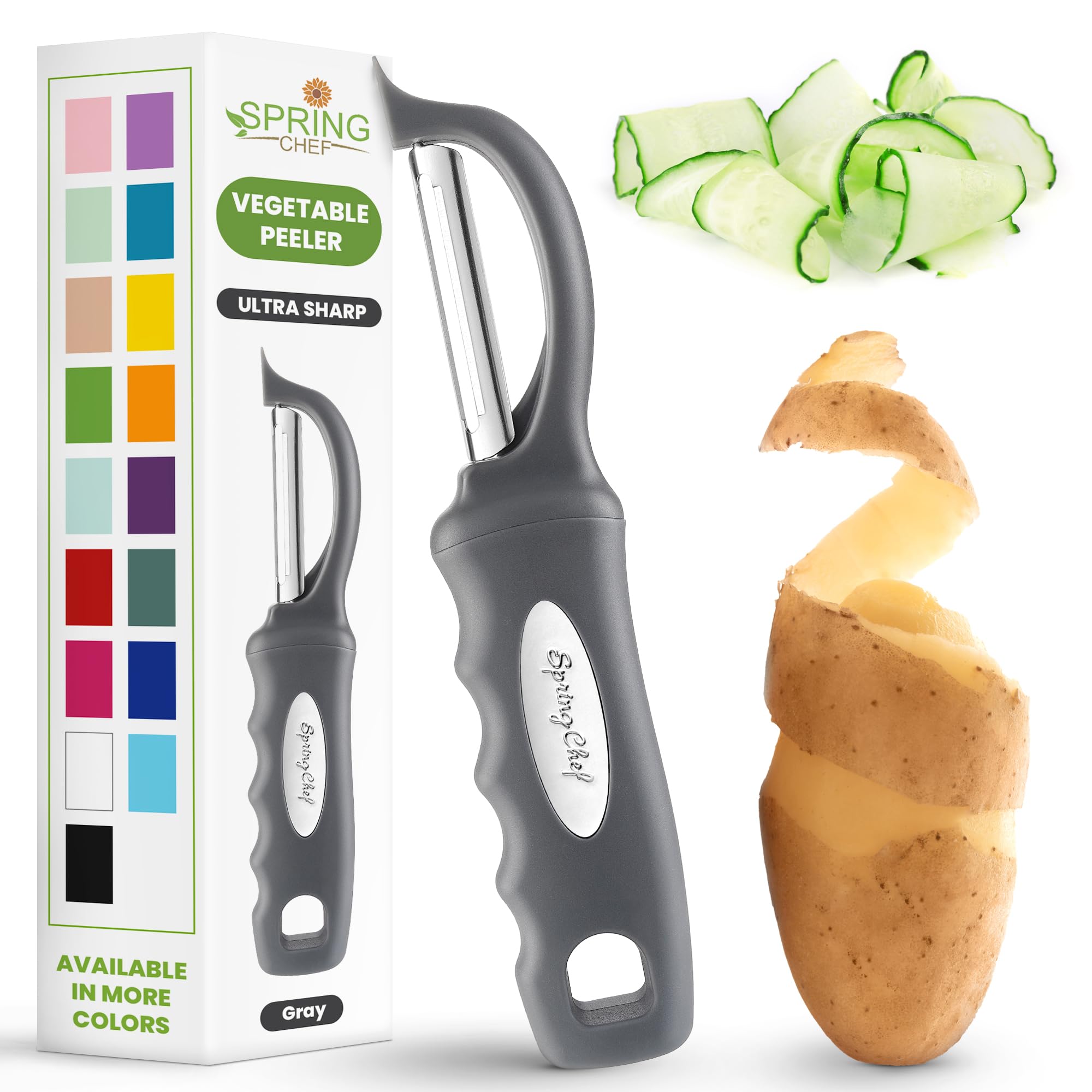 Spring Chef Premium Swivel Vegetable Peeler, Soft Grip Handle and Ultra Sharp Stainless Steel Blades - Perfect Kitchen Peeler For Veggie, Fruit, Potato, Carrot, Apple - Black