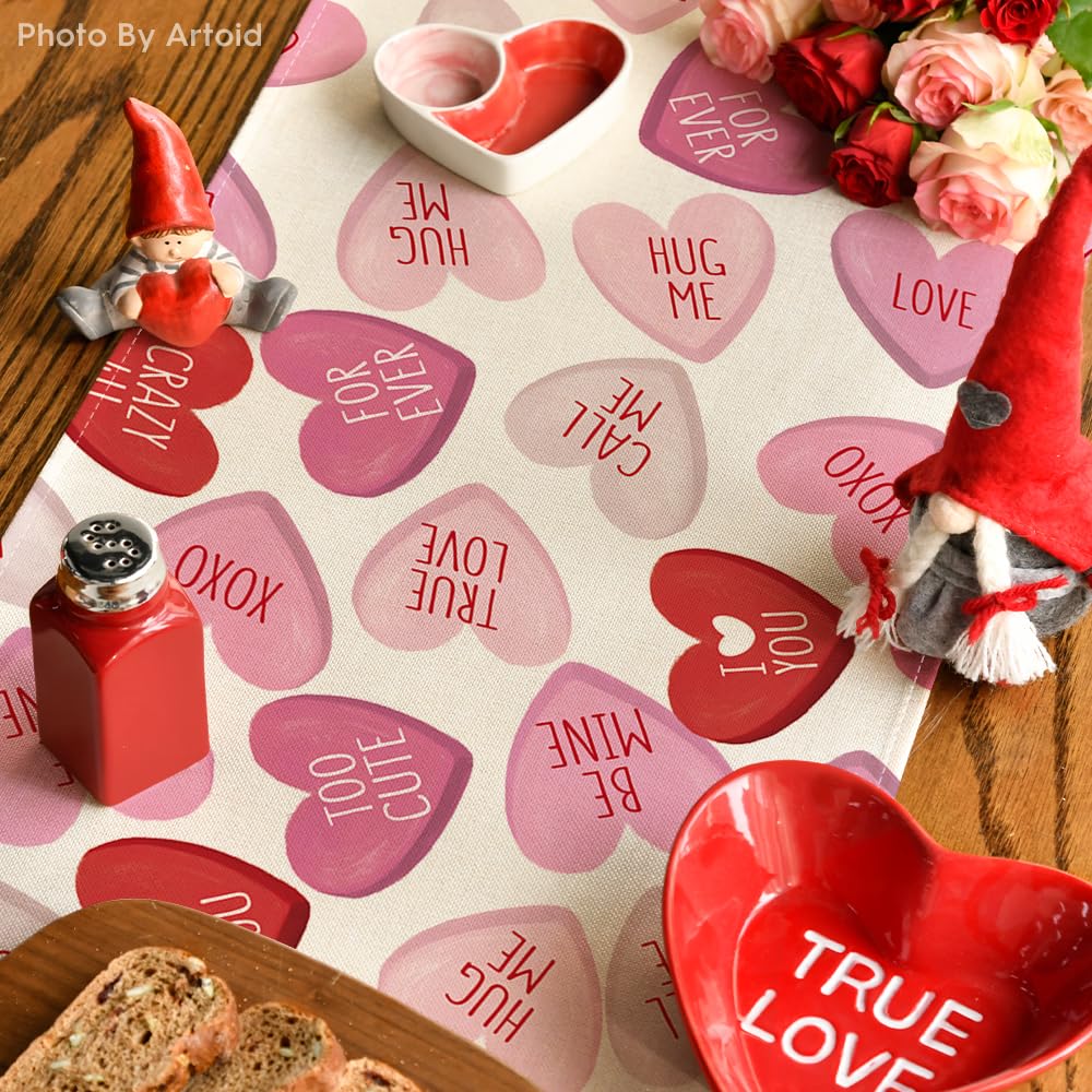 Artoid Mode Ture Love Heart Valentine's Day Table Runner, Seasonal Kitchen Dining Table Decoration for Home Party Decor 13x72 Inch