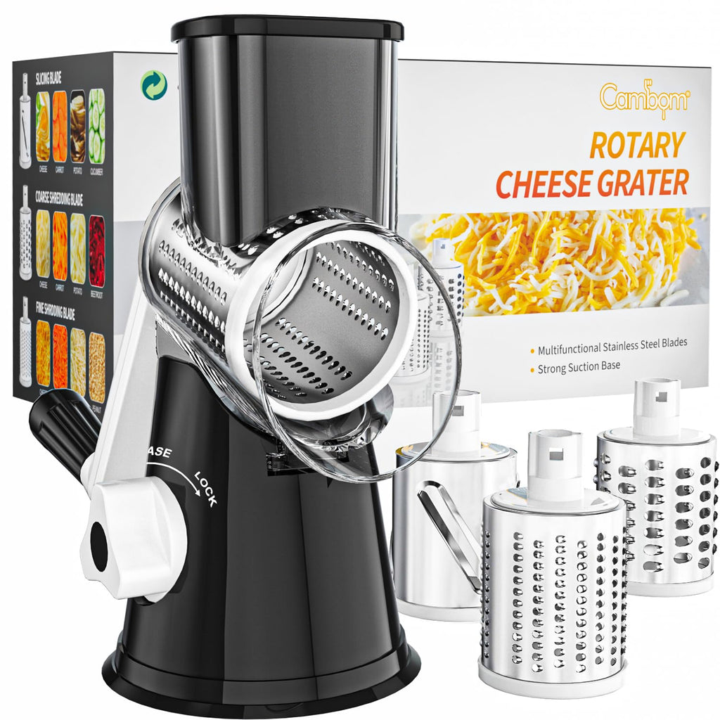 Cambom 5 in 1 Rotary Cheese Grater Hand Crank Cheese Shredder for Fresh Cheese, Vegetable, Nuts,Non-slip Suction Base, Black