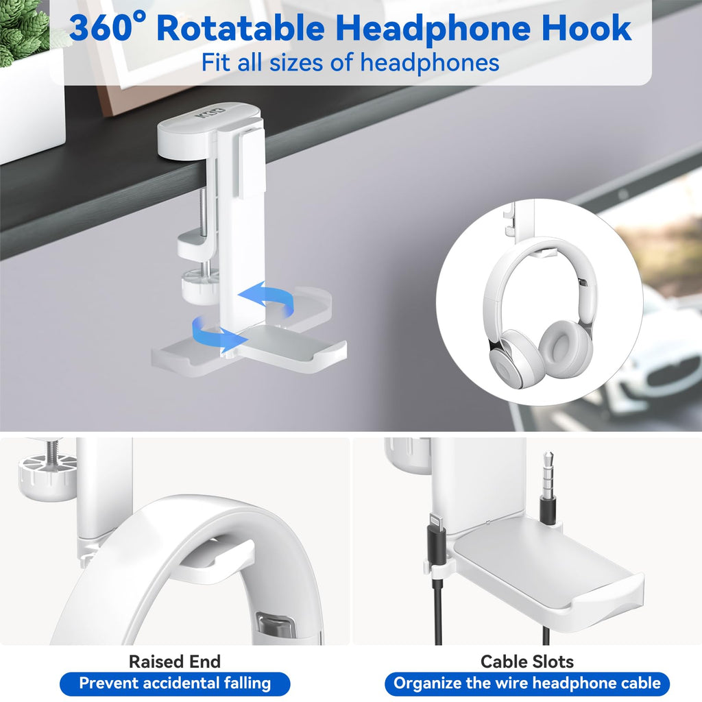 KDD 4 in 1 Desk Cup Holder - Clamp on Under Desk Headphone Hanger - Rotating Headphone Holder Detachable Pen Cup Holder Desktop Storage for Cup, Phone and Pen(Black)