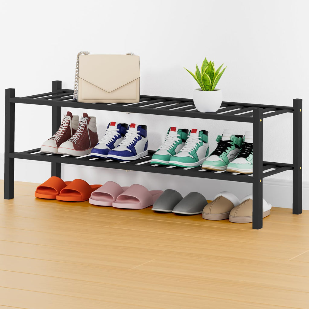 Smiry Shoe Rack, 3 Tier Bamboo Shoe Organizer, Stackable Free Standing Wooden Shoe Storage Shelf for Closet, Entryway, Front Door Entrance, Natural