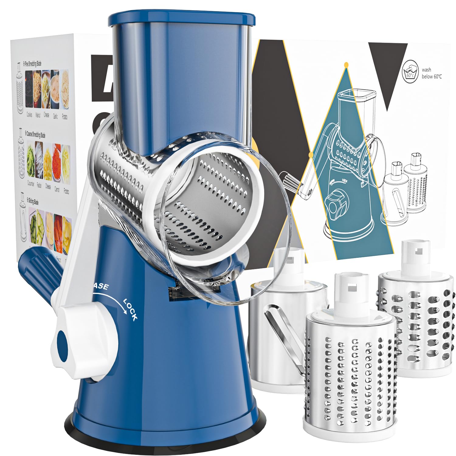 Cambom 5 in 1 Rotary Cheese Grater Hand Crank Cheese Shredder for Fresh Cheese, Vegetable, Nuts,Non-slip Suction Base, Black