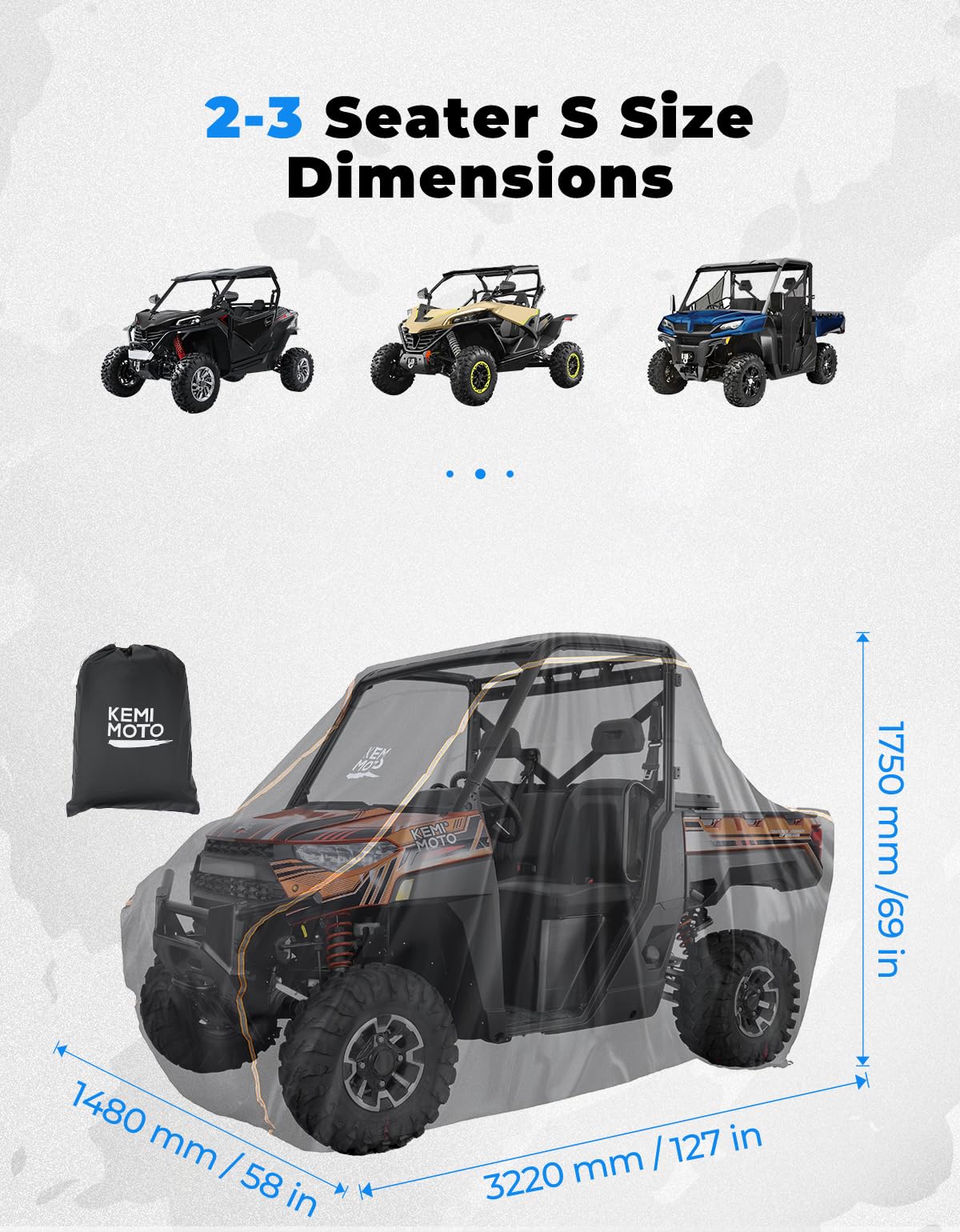 KEMIMOTO UTV Cover 2 Seater All-Weather Protection, Compatible with Polaris Ranger XP 1000/ Mule/Pioneer/Wolverine/CFMOTO UForce, Ranger Cover 2-3 Seater PU Oxford Cloth Windproof Medium Size