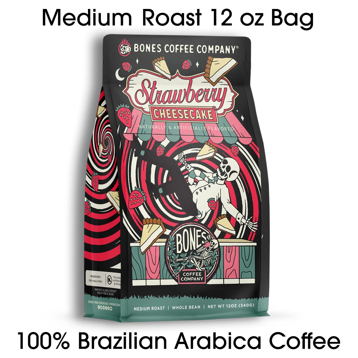 Bones Coffee Company Highland Grog, Butterscotch Caramel Flavored Coffee, Medium Roast Low Acid Arabica Beans Compatible with Auto drip and French Press Coffee Maker, 12 Oz Whole Bean