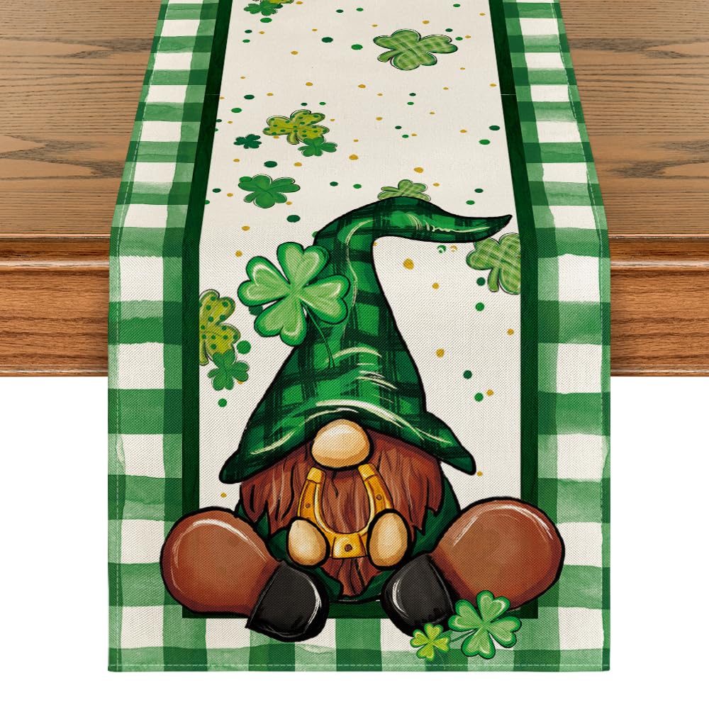 Artoid Mode Buffalo Plaid Shamrock Gnome St. Patrick's Day Table Runner, Seasonal Spring Holiday Kitchen Dining Table Decoration for Indoor Outdoor Home Party Decor 13 x 72 Inch