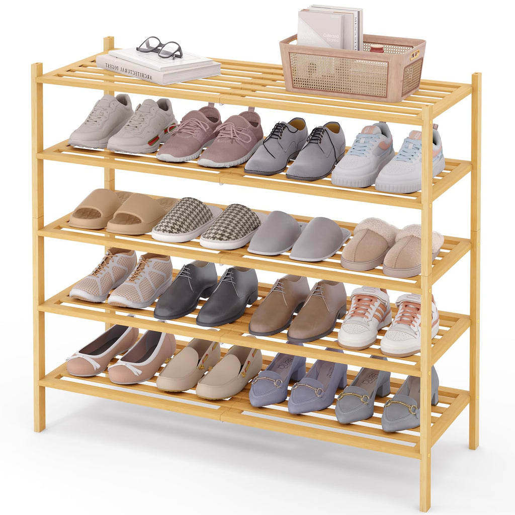 Smiry Bamboo Shoe Rack 3-Tier, Stackable Wooden Shoe Organizer for Entryway & Closet, Free Standing Wood Shoe Storage Shelf for Front Door & Small Spaces, Natural