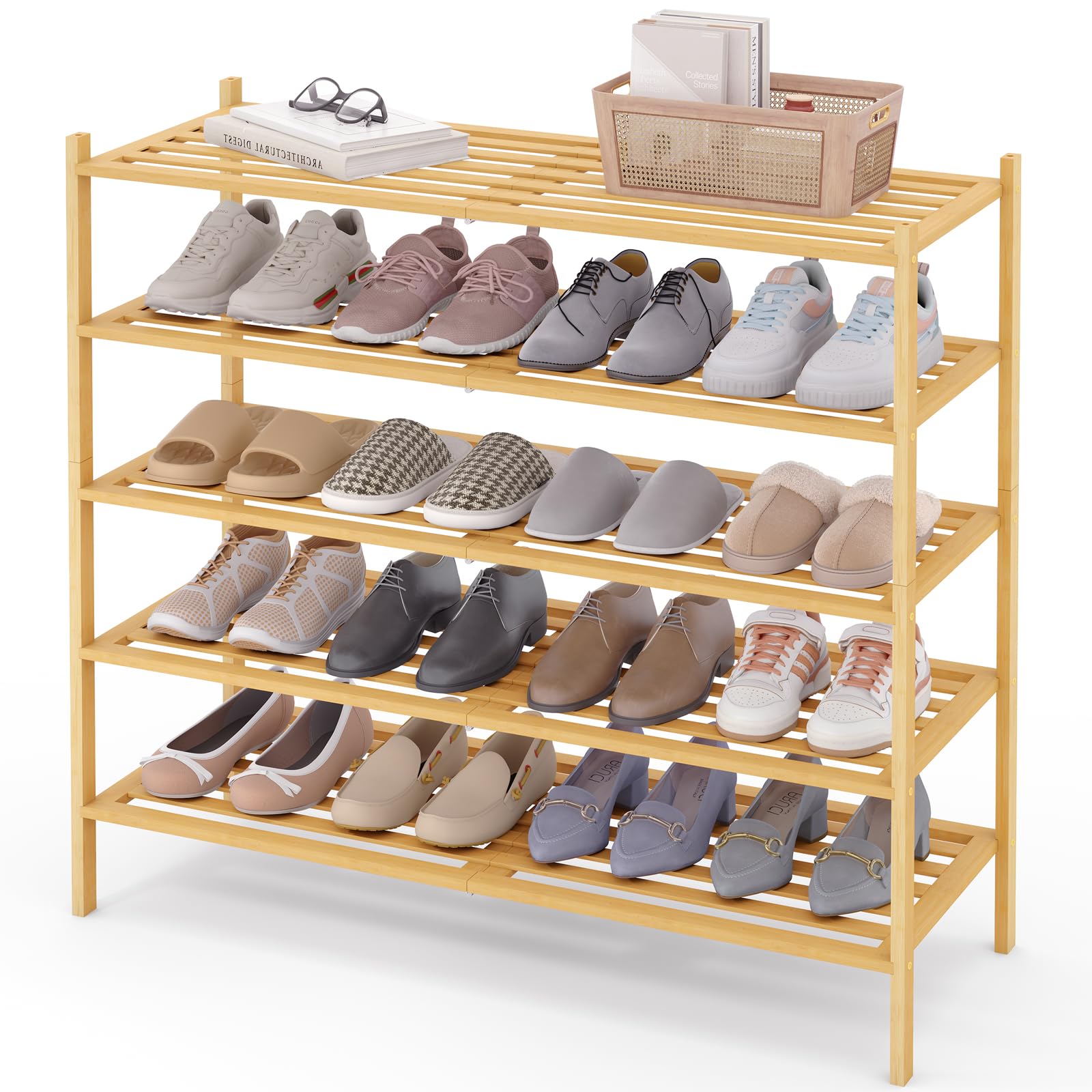 Smiry Bamboo Shoe Rack 3-Tier, Stackable Wooden Shoe Organizer for Entryway & Closet, Free Standing Wood Shoe Storage Shelf for Front Door & Small Spaces, Natural