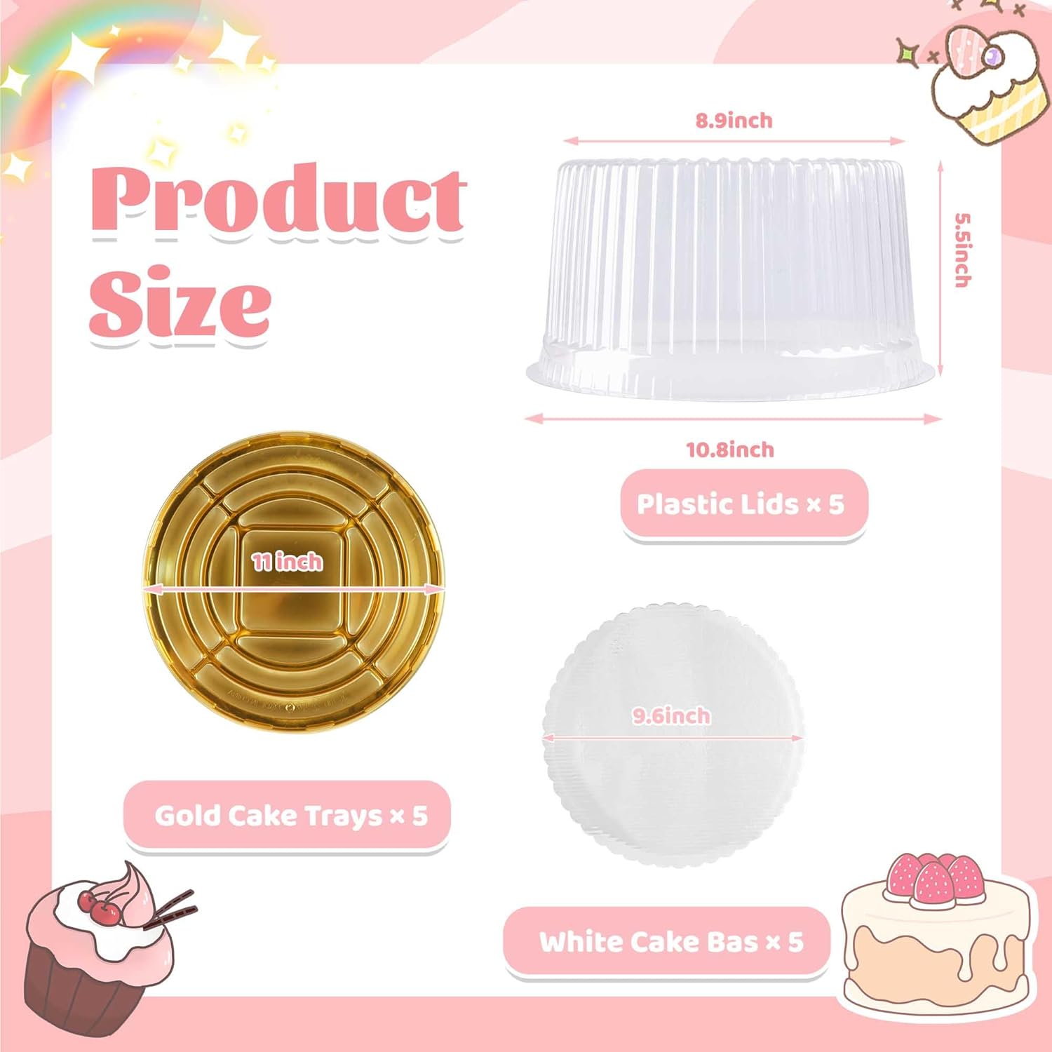 10 Inch Plastic Cake Carriers Gold Cake Containers with Lid and White Cake Boards, Clear Cupcake Holder for 1-2 Layer Cheesecake, Bundt Cake Pie Bakery Supplies(5 Pack)