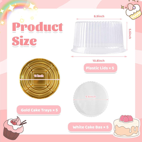 10 Inch Plastic Cake Carriers Gold Cake Containers with Lid and White Cake Boards, Clear Cupcake Holder for 1-2 Layer Cheesecake, Bundt Cake Pie Bakery Supplies(5 Pack)