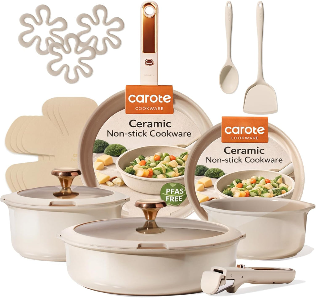 CAROTE 18Pcs Ceramic Cookware Set with Detachable Handle, Pots and Pans Set Non Stick, Non Toxic Cookware Set Removable Handles, Induction Kitchen Cookware Sets, Dishwasher/Oven Safe