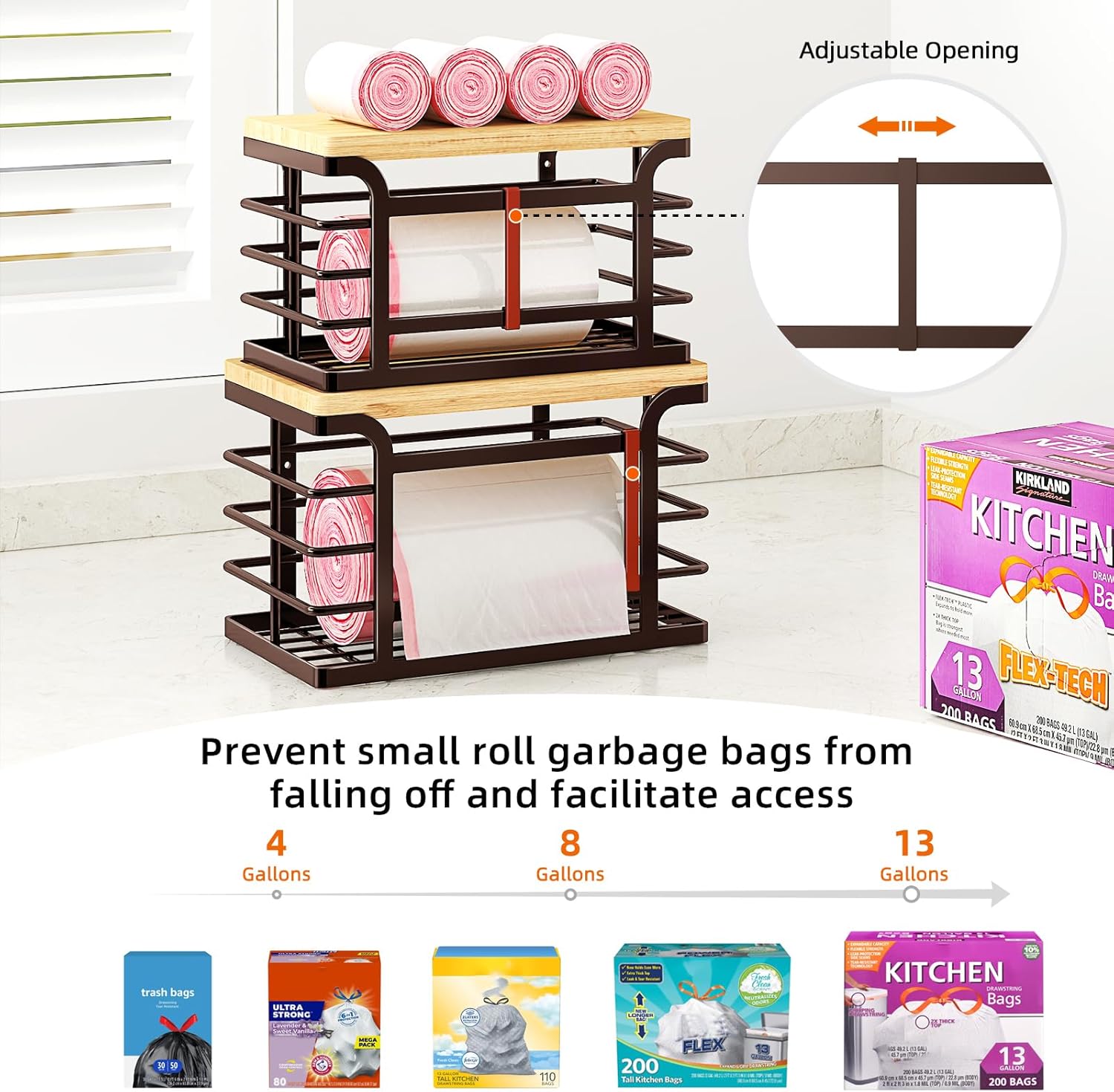 2 Pack Stackable Trash Bag Holder with Bamboo Top, 2025 Pro Wall Mount Laundry Room Organization, Djustable Hooks for Cabinet Door - Organizers in Kitchen/Pantry/Laundry Room, Brown