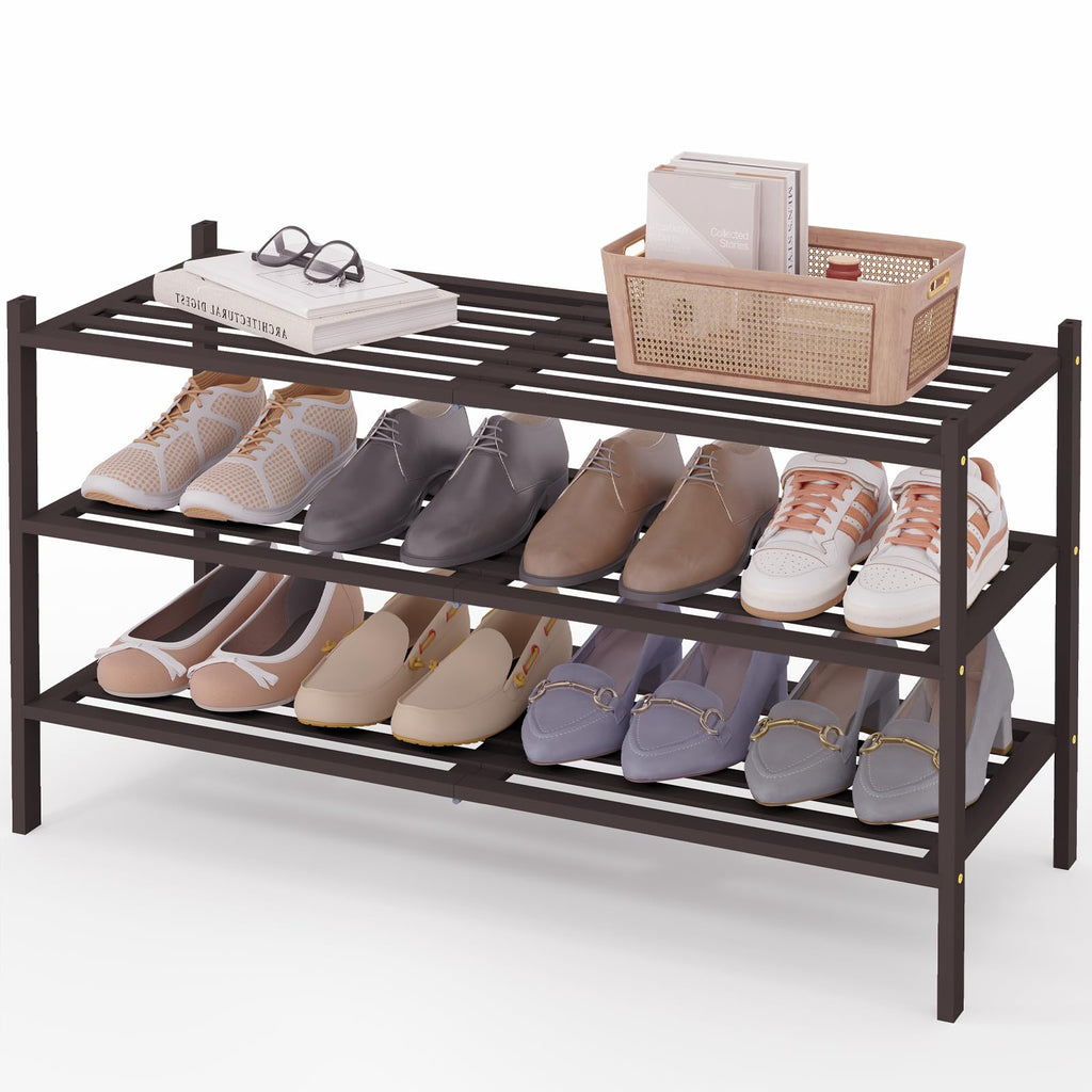 Smiry Bamboo Shoe Rack 3-Tier, Stackable Wooden Shoe Organizer for Entryway & Closet, Free Standing Wood Shoe Storage Shelf for Front Door & Small Spaces, Natural