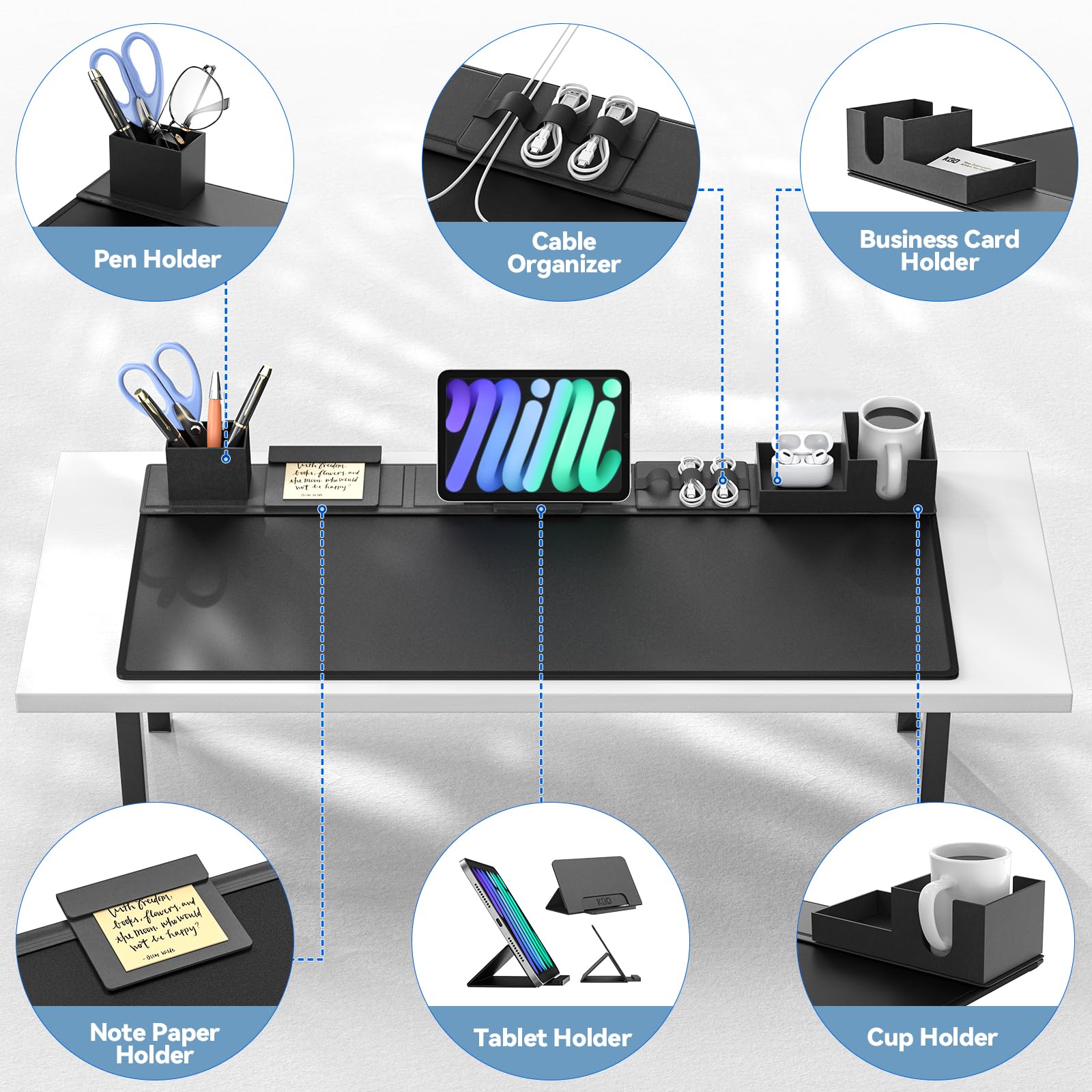 KDD Desk Pad Mat Set, 6 in 1 Mouse Mat with Magnetic Desktop Storage Accessories DIY Feature for Phone and Tablet Stand/Cup Holder/Pen Card Holder/Cable Management for Home Office Accessories