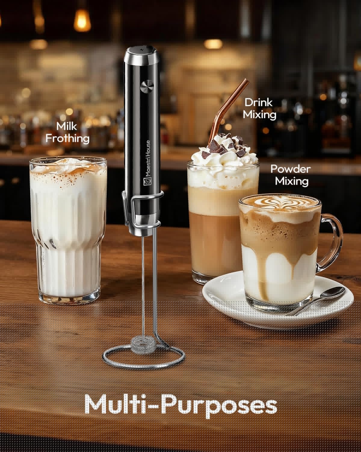 Maestri House Rechargeable Milk Frother with Stand, LunaFro Handheld Electric Foam Maker Waterproof Detachable Stainless Steel Whisk Drink Mixer Foamer for Lattes, Cappuccino