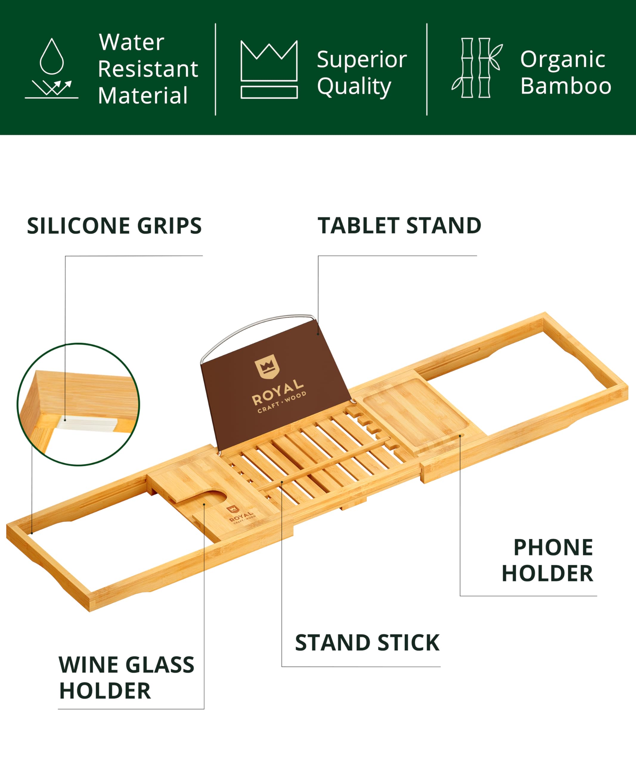 ROYAL CRAFT WOOD Premium Foldable Bathtub Tray Caddy - Wood Bath Tray for Tub, Bamboo Shelf, Expandable Bath Table Trays, Bathtub & Bathroom Accessories for New Home & Mothers, Birthday Gifts for Mom