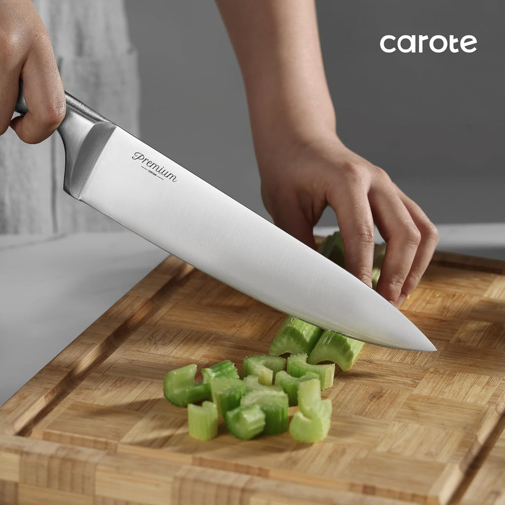 CAROTE 12-Piece Knife Set, All-Stainless Steel Knife Block Set, Kitchen Knives with Wooden Block, Razor-Sharp and Ergonomic, Dishwasher Safe