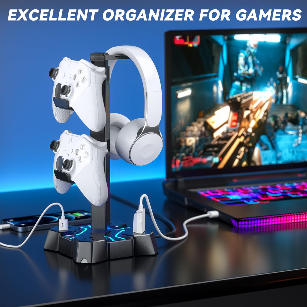 KDD Headphone Stand with USB Charger, Controller Stand for Desk, Headphone Holder with 2 USB Charging Ports and 3 AC Outlets, Accessories for Desktop(Black)