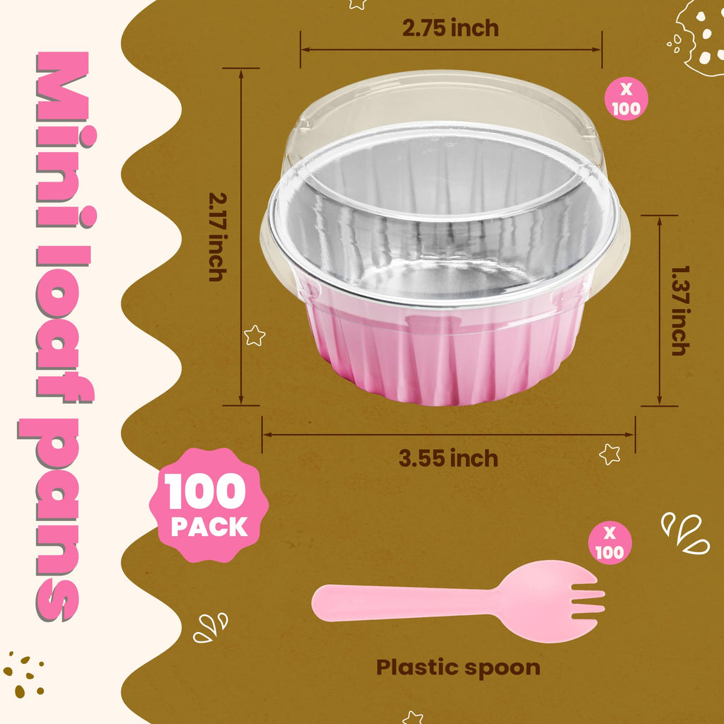 5 OZ Mini Loaf Pans with Lids Mini Cake Pans Baking Cups Disposable Ramekin for Cupake Pudding Party Wedding Birthday(50 Pack, Pink)